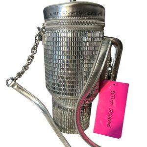 NWT Betsey Johnson Metallic Silver Mesh Crossbody cup pink interior charms nice